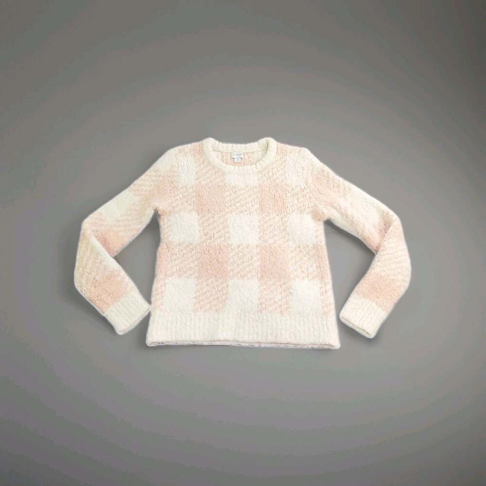 J.Crew Sz S Bouclé Buffalo Check Plaid Sweater Crewneck Fuzzy Knit Pink Boxy C8
